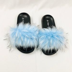 Light Blue Raccoon Fur Slides